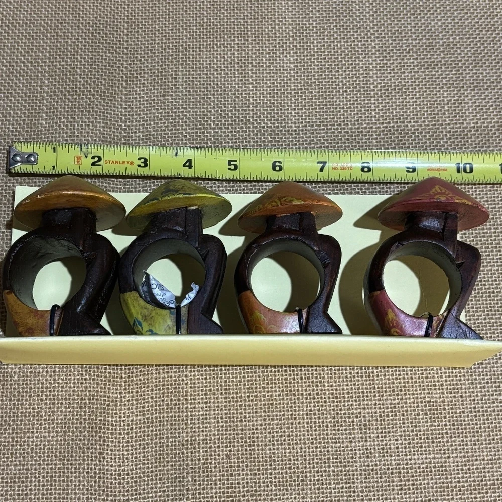 Pier 1 Imports Napkin Ring Holders Carved Wood Asian Hat Set Of 4 New In‎ Box